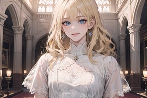 1girl, solo, ((Blonde hair)), (bangs), wavy hair, blue eyes, ((small chest:1.2)), cute smile, earing, wearing a ((modest lace dress:1.5)), short sleeve, by Raphael, masterpiece, upper body shot, magnificent indoor hall