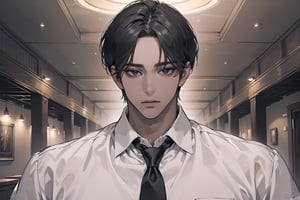 ((black very short hair)), (((dark skin:1.5))), ((center-parting bangs:1.4)), black eyes, mature, angular jaw, thick neck, ((white)) ((shirt:1.3)), short sleeve, tie, by Raphael, masterpiece, upper body shot, magnificent indoor hall, Dichloe,1 man,1 boy