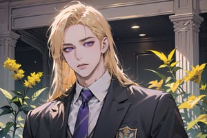 Nitrey, 1 man, mature, ((solo focus)), ((Goldenrod hair)), ((long straight hair)), (purple eyes), ((Medium score)), (((half-down))), To reveal the forehead, handsome, angular jaw,  thick neck, ((School uniform:1.3)), tie, by Raphael, masterpiece, upper body shot, magnificent indoor hall