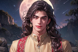 RWA photo, best quality, masterpiece, 8K resolution, ((solo:1.3)), ((1boy)), ((evil smle)), Europe handsome teen boy, exquisite facial features, wearing luxurious (purple Kurta), adorned with crystal earrings, ((light brown long wavy hair)), ((floating hair)), ((very dark skin)), ((fat lip)), black eyes, ((thick eyebrows)), angular jaw, thick neck, close up portrait, perfect figure, cinematic lighting, in starlit night with (big moon)