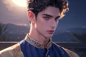 RWA photo, best quality, masterpiece, 8K resolution, ((solo:1.3)), ((1boy)), ready for battle, Asian beautiful teen boy, exquisite facial features, wearing luxurious blue Kurta, adorned with golden earrings, ((black short hair)), ((curly hair)), black eyes, close up portrait, perfect figure, cinematic lighting, in starlit night with big moon, at acient palace