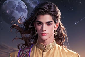 RWA photo, best quality, masterpiece, 8K resolution, ((solo:1.3)), ((1boy)), ((evil smle)), Europe handsome teen boy, exquisite facial features, wearing luxurious (purple Kurta), adorned with crystal earrings, ((light brown long wavy hair)), ((floating hair)), ((very dark skin)), ((fat lip)), black eyes, ((thick eyebrows)), angular jaw, thick neck, close up portrait, perfect figure, cinematic lighting, in starlit night with (big moon)