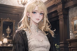 1girl, solo, ((Blonde hair)), (bangs), wavy hair, blue eyes, ((small chest:1.2)), seductive smile, earing, wearing a ((modest lace dress:1.5)), by Raphael, masterpiece, upper body shot, magnificent indoor hall