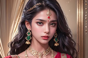 RWA photo, best quality, masterpiece, 8K resolution, ((solo:1.3)), ((1girl)), Indian beautiful teen girl, exquisite facial features, wearing luxurious green saree, adorned with elaborate golden earrings and headpiece, ((black long hair)), ((wavy hair)), ((dark skin)), black eyes, teary-eyed, close up portrait, perfect figure, cinematic lighting, in starlit night with big moon, at acieny palace