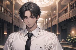 ((black very short hair)), (((dark skin:1.5))), ((center-parting bangs:1.4)), black eyes, mature, angular jaw, thick neck, ((white)) ((shirt:1.3)), short sleeve, red tie, by Raphael, masterpiece, upper body shot, magnificent indoor hall, Dichloe,1 man,1 boy