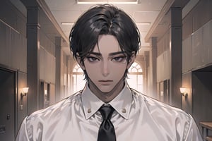 ((black very short hair)), (((dark skin:1.5))), ((center-parting bangs:1.4)), black eyes, mature, angular jaw, thick neck, ((white)) ((shirt:1.3)), short sleeve, red tie, by Raphael, masterpiece, upper body shot, magnificent indoor hall, Dichloe,1 man,1 boy