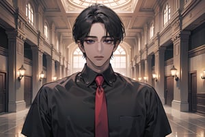 ((black very short hair)), (((dark skin:1.5))), ((center-parting bangs:1.4)), black eyes, mature, angular jaw, thick neck, ((white)) ((shirt:1.3)), short sleeve, red tie, by Raphael, masterpiece, upper body shot, magnificent indoor hall, Dichloe,1 man,1 boy