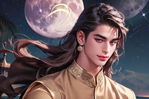 RWA photo, best quality, masterpiece, 8K resolution, ((solo:1.3)), ((1boy)), ((evil smle)), Europe handsome teen boy, exquisite facial features, wearing luxurious (purple Kurta), adorned with crystal earrings, ((light brown long wavy hair)), ((floating hair)), ((very dark skin)), ((fat lip)), black eyes, ((thick eyebrows)), angular jaw, thick neck, close up portrait, perfect figure, cinematic lighting, in starlit night with (big moon)