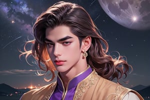 RWA photo, best quality, masterpiece, 8K resolution, ((solo:1.3)), ((1boy)), smirk, Europe handsome teen boy, exquisite facial features, wearing luxurious (purple Kurta), adorned with crystal earrings, ((light brown long wavy hair)), ((floating hair)), ((very dark skin)), ((fat lip)), black eyes, ((thick eyebrows)), angular jaw, thick neck, close up portrait, perfect figure, cinematic lighting, in starlit night with (big moon)