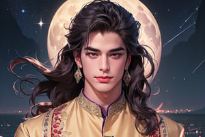 RWA photo, best quality, masterpiece, 8K resolution, ((solo:1.3)), ((1boy)), ((evil smle)), Europe handsome teen boy, exquisite facial features, wearing luxurious (purple Kurta), adorned with crystal earrings, ((light brown long wavy hair)), ((floating hair)), ((very dark skin)), ((fat lip)), black eyes, ((thick eyebrows)), angular jaw, thick neck, close up portrait, perfect figure, cinematic lighting, in starlit night with (big moon)