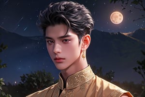 RWA photo, best quality, masterpiece, 8K resolution, ((solo:1.3)), ((1boy)), ready for battle, Asian beautiful teen boy, exquisite facial features, wearing luxurious blue Kurta, adorned with golden earrings, ((black short hair)), ((curly hair)), black eyes, close up portrait, perfect figure, cinematic lighting, in starlit night with big moon, at acient palace