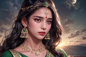 RWA photo, best quality, masterpiece, 8K resolution, ((solo:1.3)), ((1girl)), Indian beautiful teen girl, exquisite facial features, wearing luxurious green saree, adorned with elaborate golden earrings and headpiece, ((black long hair)), ((wavy hair)), ((dark skin)), black eyes, crying, close up portrait, perfect figure, cinematic lighting, in starlit night with big moon, at acieny palace