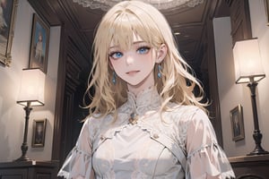 1girl, solo, ((Blonde hair)), (bangs), wavy hair, blue eyes, ((small chest:1.2)), cute smile, earing, wearing a ((modest lace dress:1.5)), short sleeve, by Raphael, masterpiece, upper body shot, magnificent indoor hall