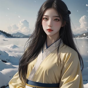 Extreme detailed, Realistic, solo, official art, extremely detailed, Extreme Realistic, Chinese beautiful teen girl, ((beautifully detailed yellow eyes)), detailed fine nose, upper body, ((wearing extremely detailed luxury white hanfu)), high quality, beautiful high detailed black long straight hair flowing down, heavy snow falling, in a sea of clouds
