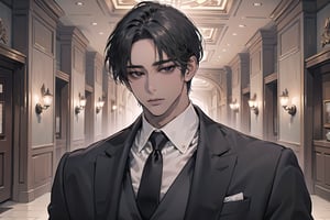 ((black very short hair)), (((dark skin:1.5))), ((center-parting bangs:1.4)), black eyes, mature, angular jaw, thick neck, wearing a ((suit)), red tie, by Raphael, masterpiece, upper body shot, magnificent indoor hall, Dichloe,1 man,1 boy