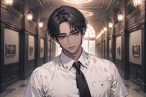 ((black very short hair)), (((dark skin:1.5))), ((center-parting bangs:1.4)), black eyes, mature, angular jaw, thick neck, ((white)) ((shirt:1.3)), short sleeve, ((red tie)), by Raphael, masterpiece, upper body shot, magnificent indoor hall, Dichloe,1 man,1 boy