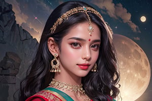 RWA photo, best quality, masterpiece, 8K resolution, ((solo:1.3)), ((1girl)), Indian beautiful teen girl, exquisite facial features, wearing luxurious blue saree, adorned with elaborate golden earrings and headpiece, ((black long hair)), ((wavy hair)), ((dark skin)), black eyes, seductive smile, close up portrait, perfect figure, cinematic lighting, in starlit night with big moon, at acieny palace