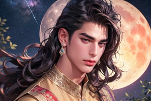 RWA photo, best quality, masterpiece, 8K resolution, ((solo:1.3)), ((1boy)), smirk, Europe handsome teen boy, exquisite facial features, wearing luxurious (purple Kurta), adorned with crystal earrings, ((light brown long wavy hair)), ((floating hair)), ((very dark skin)), ((very long bangs)), ((fat lip)), black eyes, ((thick eyebrows)), angular jaw, thick neck, close up portrait, perfect figure, cinematic lighting, in starlit night with (big moon)