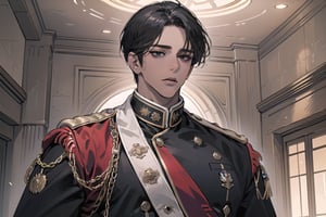  ((black very short hair)), (((dark skin:1.5))), ((center-parting bangs:1.4)), black eyes, ((mature)), angular jaw, thick neck, wearing a (military uniform:1.3), long sleeve, by Raphael, masterpiece, upper body shot, magnificent indoor hall, Dichloe,1 man,1 boy