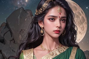 RWA photo, best quality, masterpiece, 8K resolution, ((solo:1.3)), ((1girl)), Indian beautiful teen girl, exquisite facial features, wearing luxurious green saree, adorned with elaborate golden earrings and headpiece, ((black long hair)), ((wavy hair)), ((dark skin)), black eyes, upset, close up portrait, perfect figure, cinematic lighting, in starlit night with big moon, at acieny palace