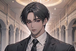 ((black very short hair)), (((dark skin:1.5))), ((center-parting bangs:1.4)), black eyes, mature, angular jaw, thick neck, wearing a ((suit)), ((red tie)), by Raphael, masterpiece, upper body shot, magnificent indoor hall, Dichloe,1 man,1 boy