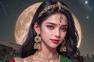 RWA photo, best quality, masterpiece, 8K resolution, ((solo:1.3)), ((1girl)), Indian beautiful teen girl, exquisite facial features, wearing luxurious green saree, adorned with elaborate golden earrings and headpiece, ((black long hair)), ((wavy hair)), ((dark skin)), black eyes, evil smile, close up portrait, perfect figure, cinematic lighting, in starlit night with big moon, at acieny palace