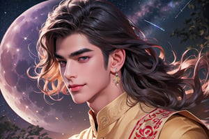 RWA photo, best quality, masterpiece, 8K resolution, ((solo:1.3)), ((1boy)), ((evil smle)), Europe handsome teen boy, exquisite facial features, wearing luxurious (purple Kurta), adorned with crystal earrings, ((light brown long wavy hair)), ((floating hair)), ((very dark skin)), ((fat lip)), black eyes, ((thick eyebrows)), angular jaw, thick neck, close up portrait, perfect figure, cinematic lighting, in starlit night with (big moon)