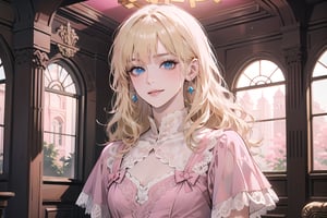 1girl, solo, ((Blonde hair)), (bangs), wavy hair, blue eyes, ((small chest:1.2)), seductive smile, earing, wearing a ((pink modest dress:1.5)), lace, satin, layer skirt, short sleeve, by Raphael, masterpiece, upper body shot, magnificent indoor hall