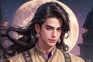 RWA photo, best quality, masterpiece, 8K resolution, ((solo:1.3)), ((1boy)), ((evil smle)), Europe handsome teen boy, exquisite facial features, wearing luxurious (purple Kurta), adorned with crystal earrings, ((light brown long wavy hair)), ((floating hair)), ((very dark skin)), ((fat lip)), black eyes, ((thick eyebrows)), angular jaw, thick neck, close up portrait, perfect figure, cinematic lighting, in starlit night with (big moon)