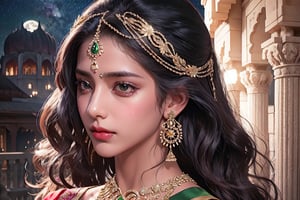 RWA photo, best quality, masterpiece, 8K resolution, ((solo:1.3)), ((1girl)), Indian beautiful teen girl, exquisite facial features, wearing luxurious green saree, adorned with elaborate golden earrings and headpiece, ((black long hair)), ((wavy hair)), ((dark skin)), black eyes, tears, close up portrait, perfect figure, cinematic lighting, in starlit night with big moon, at acieny palace