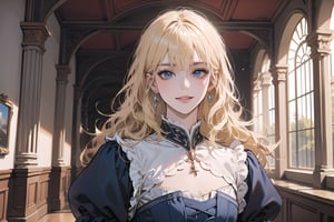 1girl, solo, ((Blonde hair)), (bangs), wavy hair, blue eyes, ((small chest:1.3)), seductive smile, earing, wearing a ((Royal Victorian dress)), by Raphael, masterpiece, upper body shot, magnificent indoor hall