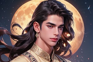 RWA photo, best quality, masterpiece, 8K resolution, ((solo:1.3)), ((1boy)), evil smle, Europe handsome teen boy, exquisite facial features, wearing luxurious (purple Kurta), adorned with crystal earrings, ((light brown long wavy hair)), ((floating hair)), ((very dark skin)), ((fat lip)), black eyes, ((thick eyebrows)), angular jaw, thick neck, close up portrait, perfect figure, cinematic lighting, in starlit night with (big moon)