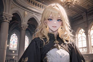 1girl, solo, ((Blonde hair)), (bangs), wavy hair, blue eyes, ((small chest:1.3)), seductive smile, Golden earing, wearing a ((Kirtle)), by Raphael, masterpiece, upper body shot, magnificent indoor hall