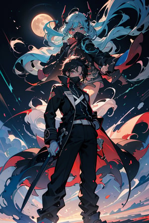 In a dramatic, high-resolution artwork reminiscent of the bleach art style, a powerful figure stands at the forefront of a ravaged battlefield with the moon above him. A black-haired man wearing a mask that covers his mouth is dressed in a long high-collar black trenchcoat that flows behind him in the wind, radiates an aura of intense energy as black tendrils swirl a clench fist. In his other hand, a vivid blue lightning dances along black-bladed sword.  As he stands there, an image of a dragon roaring appears behind him. 