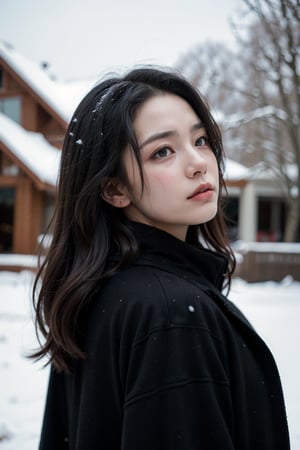 (best quality,4k,8k,highres,masterpiece:1.2),ultra-detailed,(realistic,photorealistic,photo-realistic:1.37),portrait,a girl with long hair in a black coat standing in heavy snow, (eyes black:1.7)  sad expression as if about to cry,the breeze stirring her hair,deep snowfall,snowflakes falling,depth of field effect with telephoto lens,messy hair,close-up,sad and melancholy atmosphere,inspired by the movie "Love Letter",profile view,eyes focused,half-closed eyes,central composition,viewed from below.
