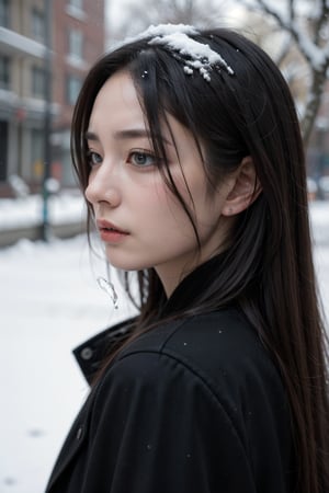 (best quality,4k,8k,highres,masterpiece:1.2),ultra-detailed,(realistic,photorealistic,photo-realistic:1.37),portrait,a girl with long hair in a black coat standing in heavy snow, (eyes black:1.7)  sad expression as if about to cry,the breeze stirring her hair,deep snowfall,snowflakes falling,depth of field effect with telephoto lens,messy hair,close-up,sad and melancholy atmosphere,inspired by the movie "Love Letter",profile view,eyes focused,half-closed eyes,central composition,viewed from below.
