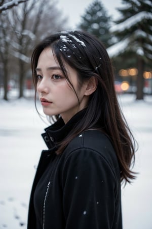 (best quality,4k,8k,highres,masterpiece:1.2),ultra-detailed,(realistic,photorealistic,photo-realistic:1.37),portrait,a girl with long hair in a black coat standing in heavy snow, (eyes black:1.5)  sad expression as if about to cry,the breeze stirring her hair,deep snowfall,snowflakes falling,depth of field effect with telephoto lens,messy hair,close-up,sad and melancholy atmosphere,inspired by the movie "Love Letter",profile view,eyes focused,half-closed eyes,central composition,viewed from below.
