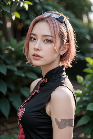 8k, best quality, masterpiece, realistic, ultra detail, photo realistic, Increase quality, Highly detailed, anime style character design of Sakura Haruno from Naruto with pink hair, (green eyes:0.8), and smooth skin, detailed facial features: large expressive eyes with long eyelashes, small nose, and determined lips, strong jawline, high cheekbones, fierce and focused expression, battle-ready stance, (wearing a red qipao dress :1.2), black shorts, elbow protectors, white gloves, red forehead protector with the Leaf Village symbol, hair styled in shoulder-length, straight cut, slim build, athletic physique, strong posture, dynamic anime-style background, bright and intense, with motion effects to indicate action, serious, looking at viewer, hairband, forehead protector, sleeveless shirt, gloves, looking_at_viewer:1.4, portrait,harunoshipp,harunonewera, black sash, detailed face