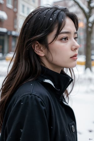 (best quality,4k,8k,highres,masterpiece:1.2),ultra-detailed,(realistic,photorealistic,photo-realistic:1.37),portrait,a girl with long hair in a black coat standing in heavy snow,looking up with a sad expression as if about to cry,the breeze stirring her hair,deep snowfall,snowflakes falling,depth of field effect with telephoto lens,messy hair,close-up,sad and melancholy atmosphere,inspired by the movie "Love Letter",profile view,eyes focused,half-closed eyes,central composition,viewed from below.
