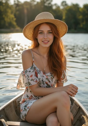 A serene summer day unfolds as a stunning redhead woman sits majestically in her canoe, situated at the center of a tranquil lake. Her vibrant green eyes sparkle beneath the shade of a beautiful hat, which perfectly complements her long, fiery locks. The delicate folds of her floral dress catch the gentle breeze as she wears a warm, radiant smile, radiating joy and contentment. The sun's golden light casts a mesmerizing reflection on the calm water, creating an enchanting atmosphere that seems almost too perfect to exist.