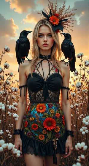 A magnificent oil painting masterpiece unfolds before us. The Scarecrow Maiden stands tall, mid-shot, surrounded by cotton in the middle of a vast cotton field. Her stern gaze, smoky makeup, gently flowing blond hair, and style adorned with old dead branches, rags, and dried flowers evoke a sense of mystery. Her vivid black top and short skirt with stained glass patterns harmonize with the cotton field and contrast with the natural tones of the setting sun. Two crows sit on her arms, their feathers rendered in exquisite detail. The subject’s features are highly detailed and anatomically accurate, and the vividly colored subject stands out against a random natural background. Every texture, every realistic skin, every wrinkle, every hair is rendered in 8k resolution with realistic painting quality, inviting the viewer into this dreamlike world.