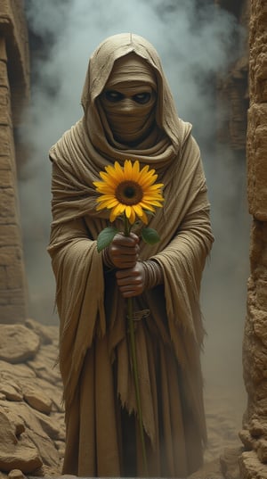 A mysterious mummy emerges from the ancient Egyptian ruins, shrouded in a cloud of smoke. Amidst the desolate landscape, she holds a vibrant sunflower in her hands, its beauty starkly contrasting with the somber atmosphere. Her gaze is lost and perplexed as she approaches her open tomb in the background. The juxtaposition of life (the flower) and death (her state) creates an enigmatic scene.