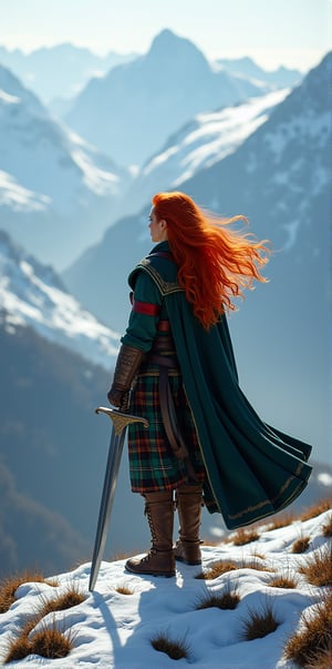 A fiery redhead Scottish woman, dressed in traditional Scottish attire, stands proudly on a snow-capped mountain peak, her sword at the ready. She gazes out at the breathtaking winter landscape, her wild red locks blowing gently in the crisp mountain air as she surveys her kingdom.