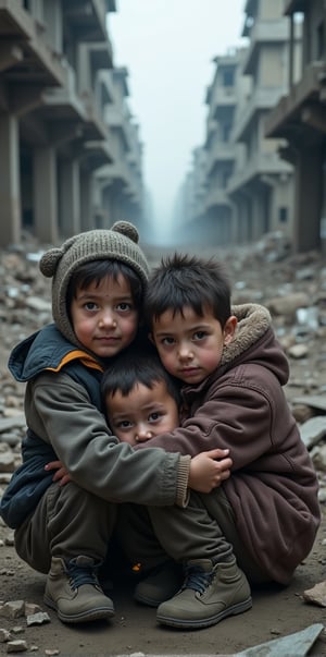 Children huddled in the ruins of a war-torn city, their tear-stained eyes reflecting the despair and desperation of a world at war. The skeletal frames of buildings loom behind them, a haunting backdrop for their fragile bodies. Cramped together for warmth, they clutch each other tightly, their meager clothes no match for the bitter cold of a winter without hope.