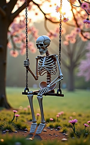 A melancholic skeleton perches on a swing in a desolate park on an otherwise vibrant spring day. The skull's empty sockets seem to gaze longingly into the distance, as if lost in thought. Soft sunlight casts a warm glow, contrasting with the eerie atmosphere. The skeletal figure sways gently, its bony frame creaking softly in the silence, surrounded by blooming flowers and greenery, starkly juxtaposing life and death.