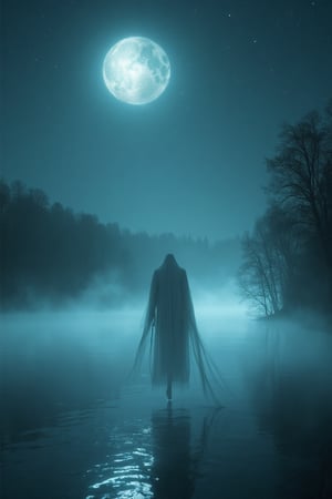 A haunting scene unfolds as the phantom, clad in white, drifts effortlessly above the misty veil surrounding him. His ethereal form approaches the starlit lake, bathed in the soft glow of lunar light, the water's surface reflecting the celestial canvas above. The ghostly figure floats inches from the lake's edge, his gaze fixed on the shimmering expanse, as if beckoned by the secrets hidden beneath the misty veil.