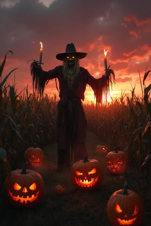 Create an image of a haunting Halloween scene set in a vast cornfield at sunset. In the center stands a sinister scarecrow with glowing eyes, dressed in tattered dark clothes and a wide-brimmed hat, its arms outstretched and holding flickering candles. Nearby, a monstrous Halloween creature emerges from the corn, its skin a sickly green olive, with long claws, sharp teeth, and glowing eyes that pierce through the eerie twilight. Around them, several carved jack-o'-lanterns are scattered, each lit from within by warm candlelight, casting orange glows across the field. The sky is a surreal gradient of deep granate and purple, with the sun setting low on the horizon, casting long shadows across the cornfield. The overall color palette balances the deep olive greens of the corn with the rich, otherworldly granate of the sunset, creating a dreamlike and terrifying atmosphere. The scene feels mystical, with light fog rising from the ground and faint shadows moving as the candles flicker.