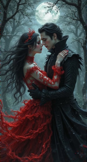 VAMPIRE In a surreal and unexpected setting, a stunning vampire Katerine with her dark locks cascading down her back, donning a striking red dress that contrasts with her porcelain skin, gazes at her love with her crimson-tinged eyes. Van Helsing, the legendary vampire hunter, stands by her side in his traditional attire, as the two embrace and dance under the silvery light of the full moon, surrounded by the misty veil of a mystical forest.