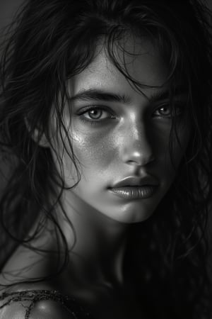 Genera un retrato en blanco y negro, inspirado en el estilo fotográfico de Peter Lindbergh, de una mujer joven mirando directamente a la cámara con una expresión íntima y profunda. La **iluminación** debe ser suave y natural, evitando perfección exagerada, y enfocándose en capturar la esencia humana y la belleza natural de la mujer. Las sombras y luces deben acentuar las líneas y texturas del rostro, destacando su expresión emocional y vulnerable. El rostro de la mujer está desprovisto de maquillaje o con un toque muy sutil, resaltando la autenticidad y la imperfección que Lindbergh valoraba en sus retratos.

Los **detalles precisos** incluyen una mirada profunda, con ojos que transmiten historia, fuerza y fragilidad al mismo tiempo. Su cabello está ligeramente despeinado, cayendo de manera descuidada alrededor de su rostro, dándole un aspecto natural y sin artificios. La expresión de sus labios es relajada, con una leve separación que añade un toque de naturalidad y espontaneidad. La textura de su piel, con todas sus pequeñas imperfecciones, poros y arrugas sutiles, debe ser capturada fielmente, realzando la belleza real sin retoques ni filtros.

El **fondo** es simple y desenfocado, típicamente neutro, con tonos de gris que no distraen la atención del rostro. La imagen utiliza una profundidad de campo mínima, con un enfoque absoluto en el rostro de la mujer y el resto en un suave desenfoque. El blanco y negro debe estar lleno de contrastes suaves, pero sin perder la delicadeza de las sombras, creando un ambiente crudo, emocional y lleno de vida.

Asegúrate de que la imagen **transmita una sensación de humanidad, autenticidad y conexión emocional**, características clave del trabajo de Peter Lindbergh. La mujer debe parecer fuerte pero accesible, mostrando su belleza sin la necesidad de adornos, con una conexión directa entre su mirada y el espectador.

Los **elementos adicionales** son mínimos, con toda la atención en el rostro y la expresión de la mujer. La imagen debe ser extremadamente detallada, con un enfoque en el realismo emocional, capturando la intimidad de la interacción con la cámara en un estilo clásico y atemporal.
