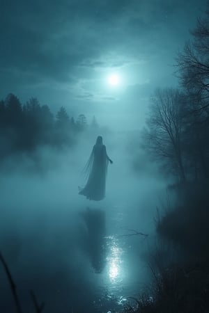 A haunting scene unfolds as the phantom, clad in white, drifts effortlessly above the misty veil surrounding him. His ethereal form approaches the starlit lake, bathed in the soft glow of lunar light, the water's surface reflecting the celestial canvas above. The ghostly figure floats inches from the lake's edge, his gaze fixed on the shimmering expanse, as if beckoned by the secrets hidden beneath the misty veil.